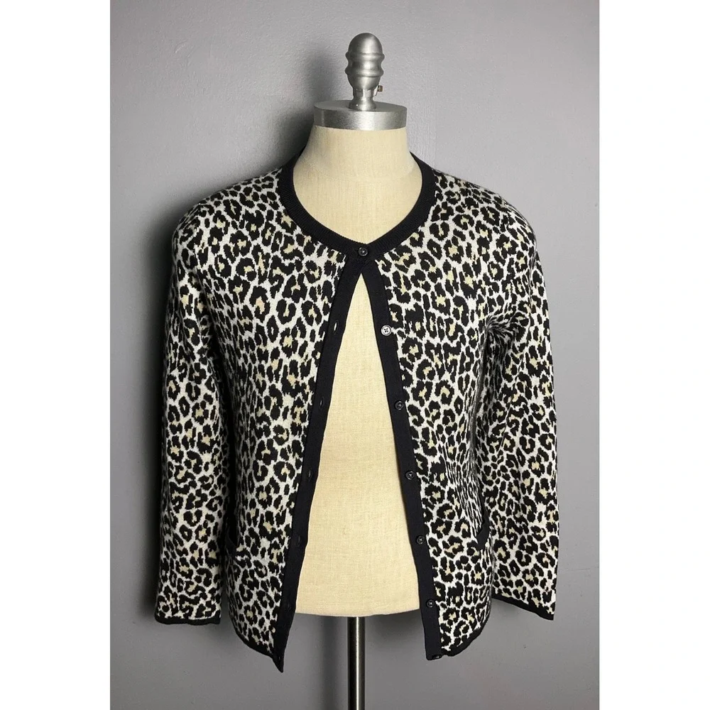 Lands End Womens Leopard Print Supima Cotton Cardigan Sweater Black Tan Medium
